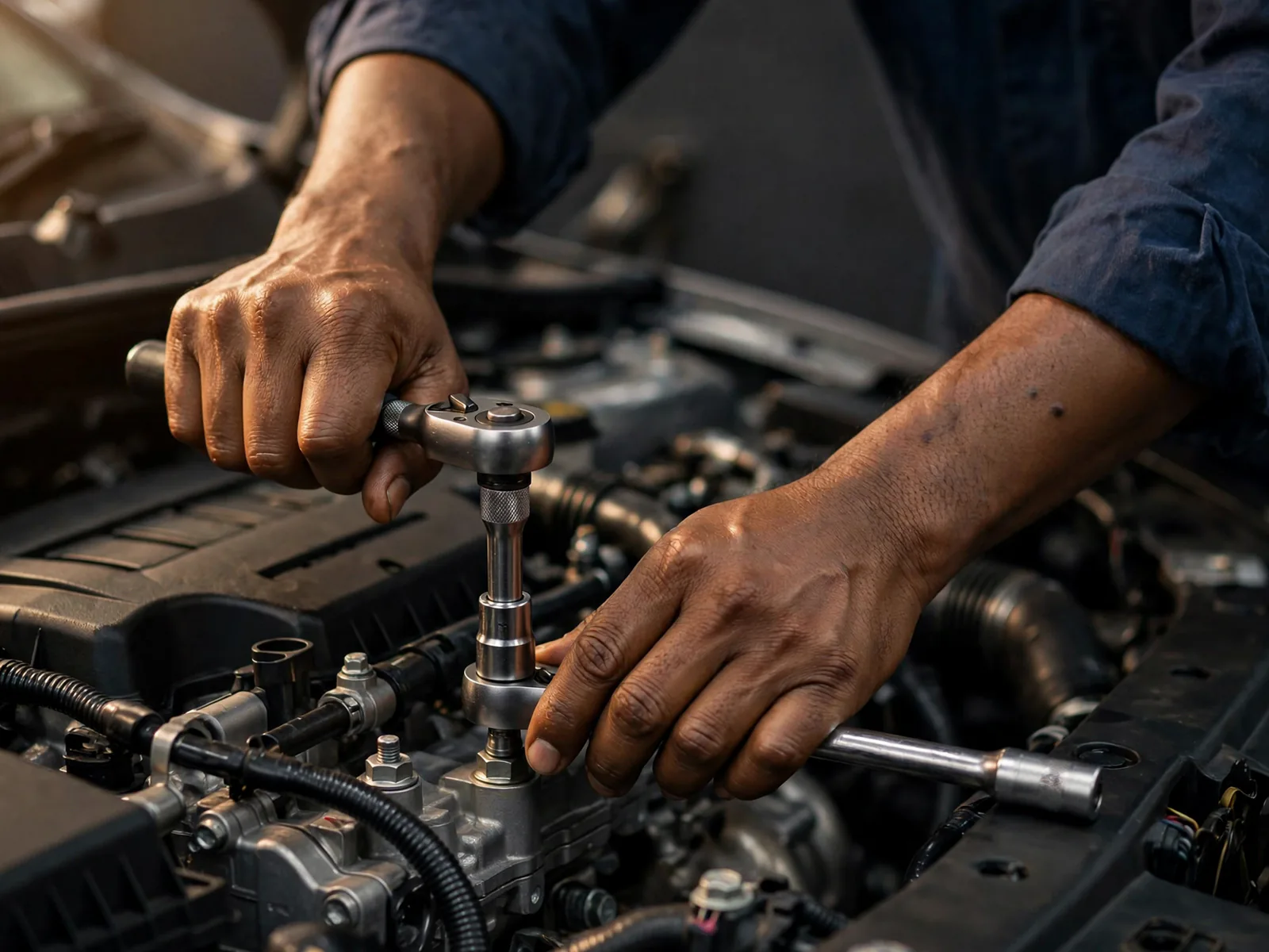 A mechanic's hands tightening a bolt inside an engine bay